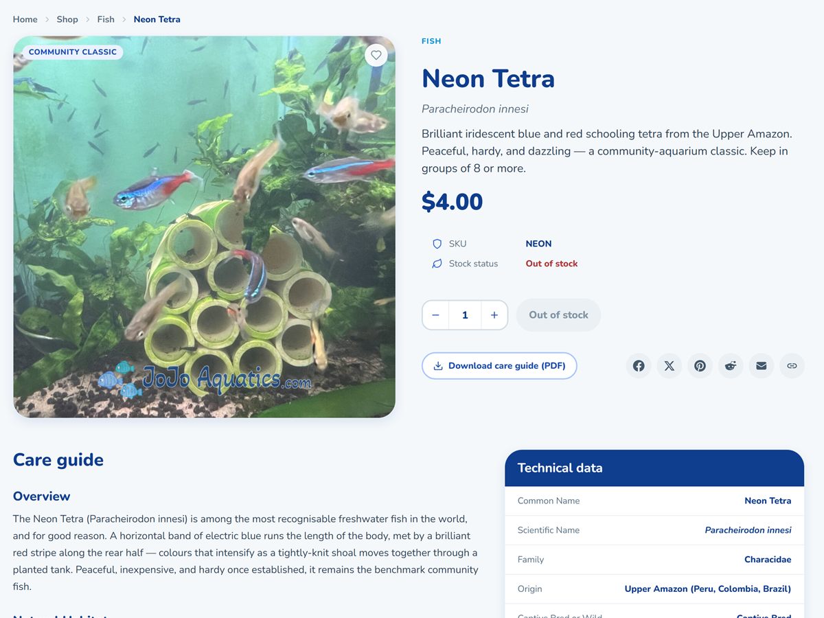 A recent build: the JoJo Aquatics product page, with its care guide and technical data.