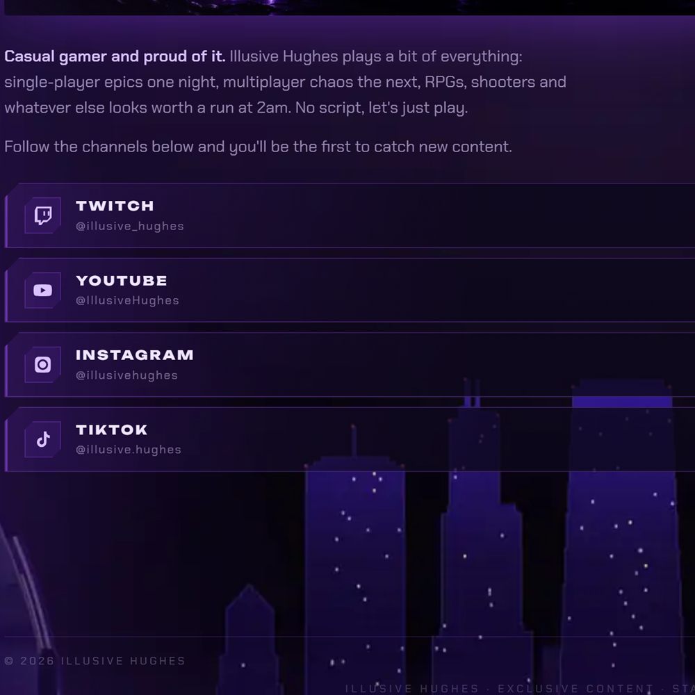 The channel list on Illusive Hughes: Twitch, YouTube, Instagram and TikTok, each a single tap.