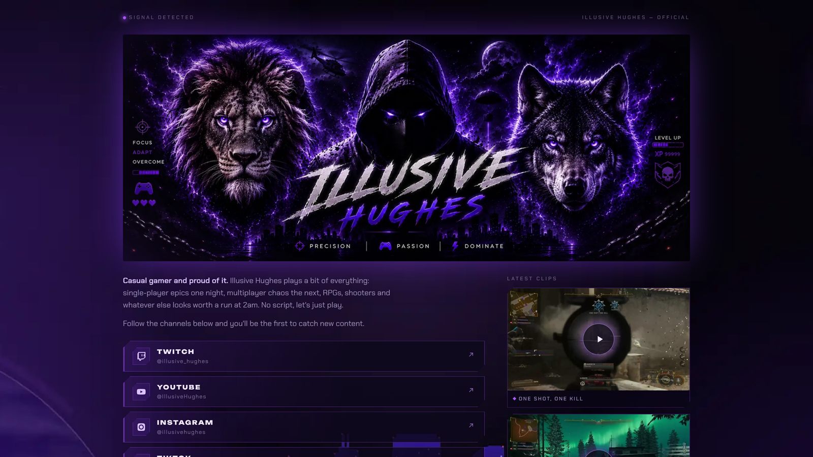 The Illusive Hughes home page, with the channel banner artwork across the top.