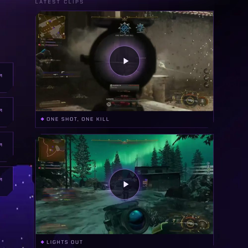 The latest clips column on Illusive Hughes, each clip a thumbnail with a play button.