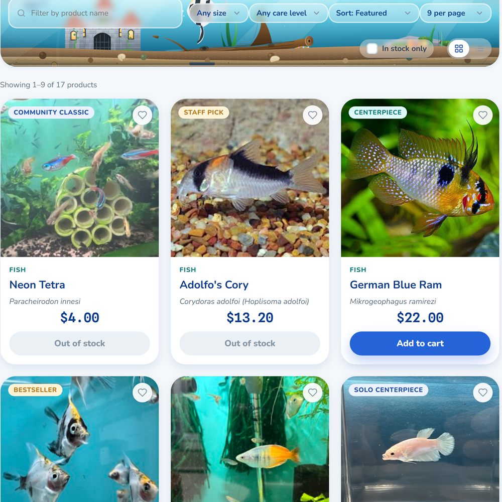 The JoJo Aquatics shop: a filter bar above a grid of fish, each card carrying a photograph, a price and its stock status.