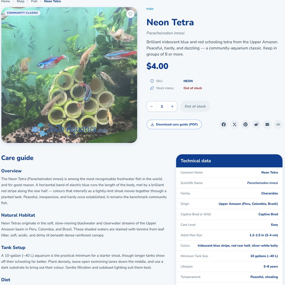 A JoJo Aquatics product page for the Neon Tetra, showing the price, a care-guide download and a table of technical data.