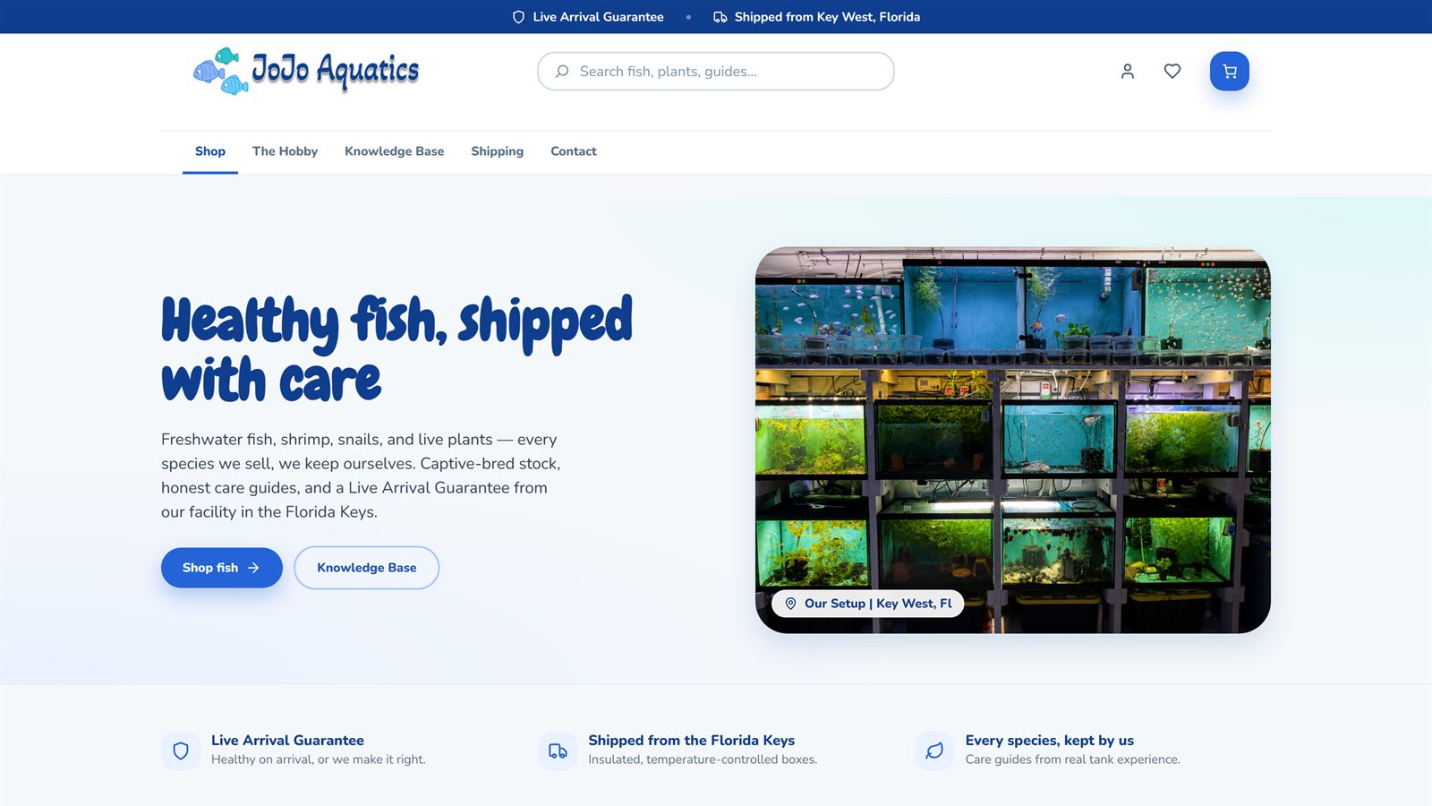 The JoJo Aquatics home page: "Healthy fish, shipped with care" beside a photograph of the tank room in Key West.